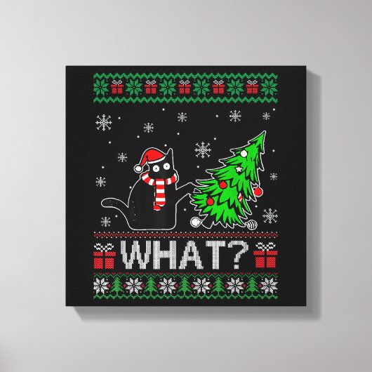 クリスマスツリーを押しおもしろいて何と黒い猫 キャンバスプリント (正面)