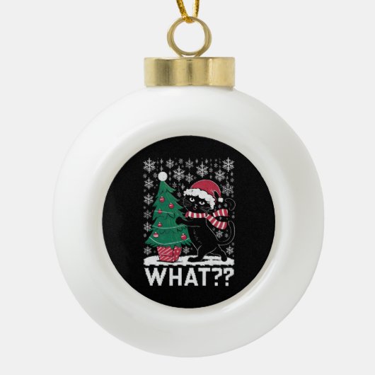 クリスマスツリーを押しおもしろいて何と黒い猫 セラミックボールオーナメント (正面)