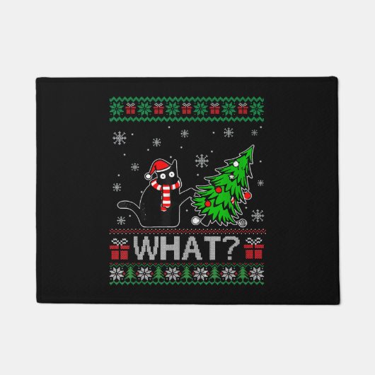 クリスマスツリーを押しおもしろいて何と黒い猫 ドアマット (正面)