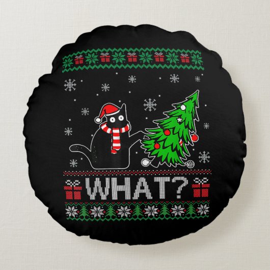 クリスマスツリーを押しおもしろいて何と黒い猫 ラウンドクッション (正面)