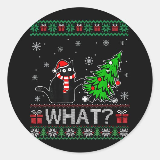 クリスマスツリーを押しおもしろいて何と黒い猫 ラウンドシール (正面)