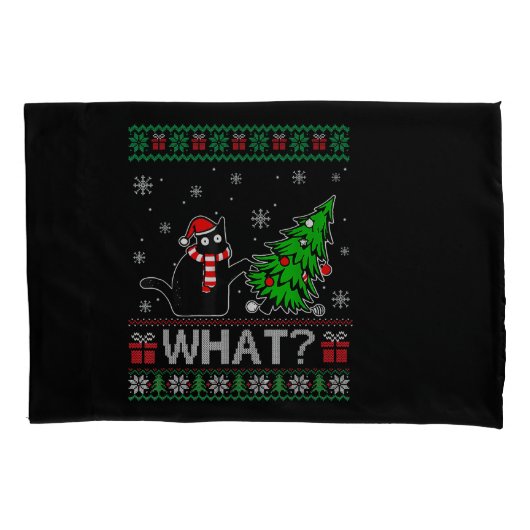 クリスマスツリーを押しおもしろいて何と黒い猫 枕カバー (正面)