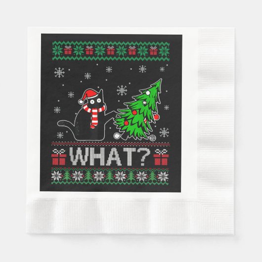 クリスマスツリーを押しおもしろいて何と黒い猫 縁ありランチョンナプキン (正面)