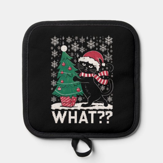 クリスマスツリーを押しおもしろいて何と黒い猫 鍋敷き (正面)