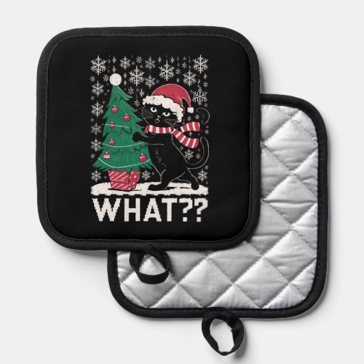 クリスマスツリーを押しおもしろいて何と黒い猫 鍋敷き (正面/裏面)