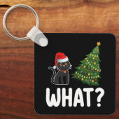 クリスマスツリーを押す黒猫おもしろい キーホルダー (正面)