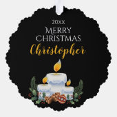 クリスマスツリーを持ったパーソナライズされた男の子 オーナメントカード (裏面)