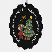 クリスマスツリーを持ったパーソナライズされた男の子 オーナメントカード (左)