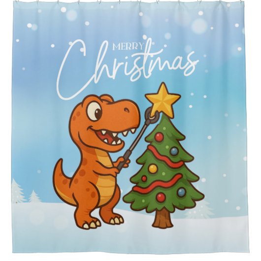 クリスマスツリーを持つかわいい恐竜 シャワーカーテン (正面)