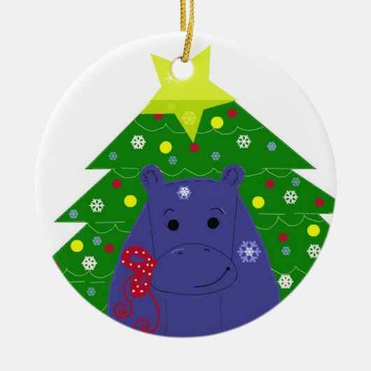 クリスマスツリーを持つカバ セラミックオーナメント (正面)