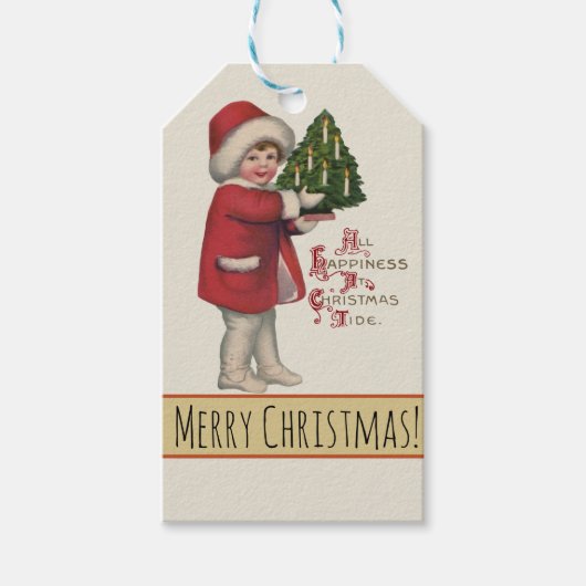 クリスマスツリーを持つ子供のヴィンテージイラストアート ギフトタグ (正面)