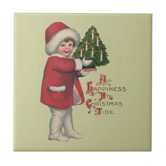 クリスマスツリーを持つ子供のヴィンテージイラストアート タイル (正面)