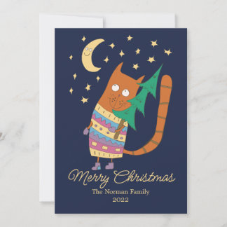 クリスマスツリーを持つ猫。 サンキューカード
