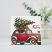 クリスマスツリーを持つ赤いヴィンテージのクリスマスカー シーズンカード (スタンド正面)