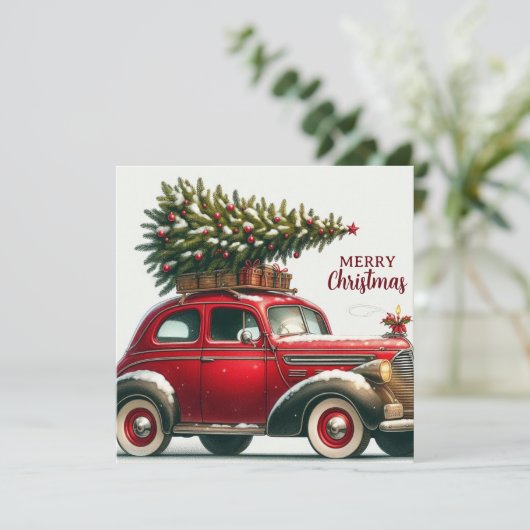 クリスマスツリーを持つ赤いヴィンテージのクリスマスカー シーズンカード (スタンド正面)