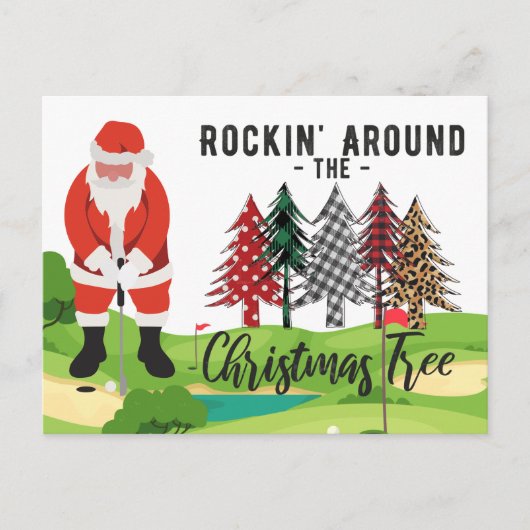 クリスマスツリーを揺のまわりにらすゴルフサンタクロース ポストカード (正面)