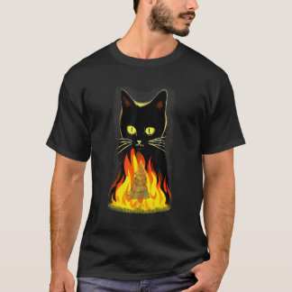 クリスマスツリーを燃やす黒猫の面白い抗クリ Tシャツ
