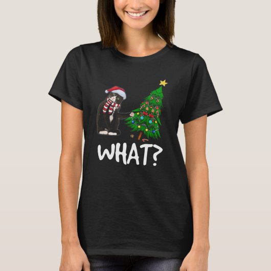 クリスマスツリーを猫に押し付ける黒猫What Tシャツ (正面)
