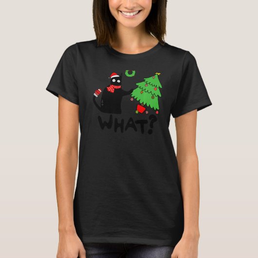 クリスマスツリーを猫に押し付ける黒猫What Tシャツ (正面)
