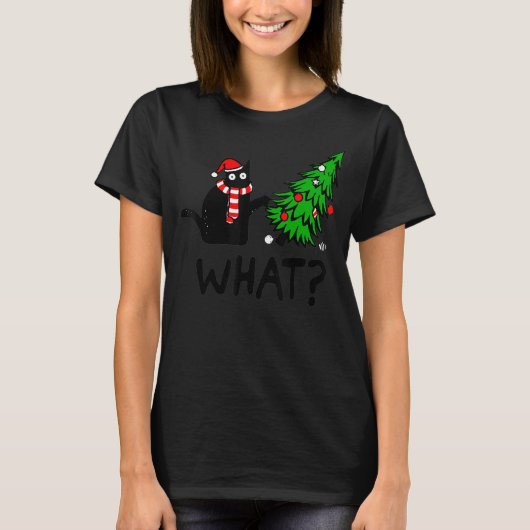 クリスマスツリーを猫に押し付ける黒猫What Tシャツ (正面)