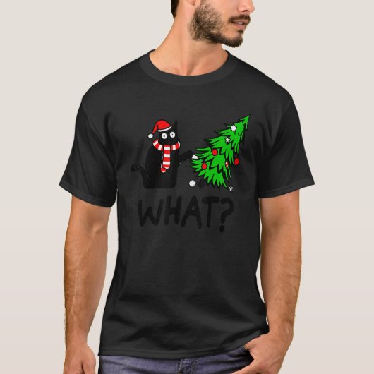 クリスマスツリーを猫に押し付ける黒猫What Tシャツ (正面)
