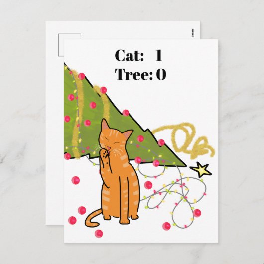 クリスマスツリーを破壊するオレンジおもしろい猫 シーズンポストカード (正面/裏面)