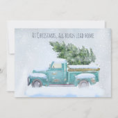クリスマスツリーを積んだヴィンテージの青いトラック シーズンカード (正面)