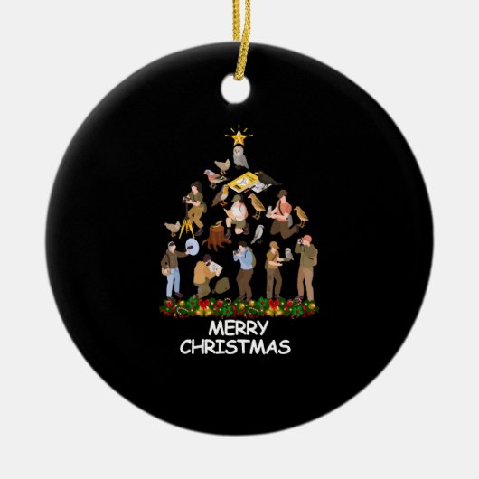 クリスマスツリーを見る鳥がクリスマスを楽しむ セラミックオーナメント (正面)