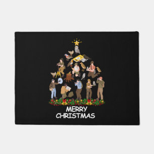 クリスマスツリーを見る鳥がクリスマスを楽しむ ドアマット