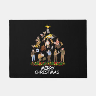 クリスマスツリーを見る鳥がクリスマスを楽しむ ドアマット