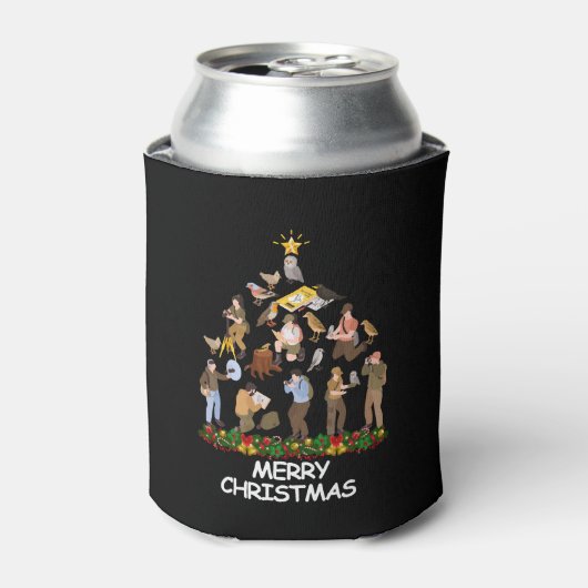 クリスマスツリーを見る鳥がクリスマスを楽しむ 缶クーラー (缶正面)