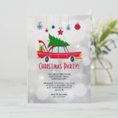 クリスマスツリーを載せたレトロな赤い車のパーティー 招待状 (スタンド正面)