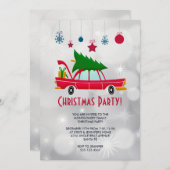 クリスマスツリーを載せたレトロな赤い車のパーティー 招待状 (正面/裏面)