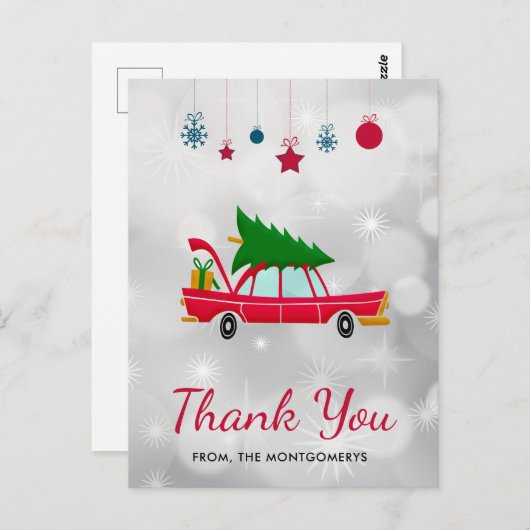 クリスマスツリーを載せたレトロな赤い車の感謝カード ポストカード (正面/裏面)