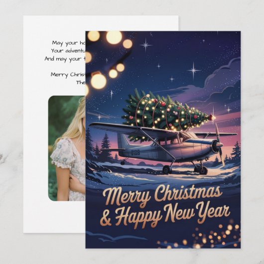 クリスマスツリーを運ぶセスナ機の写真が面白い シーズンカード (正面/裏面)