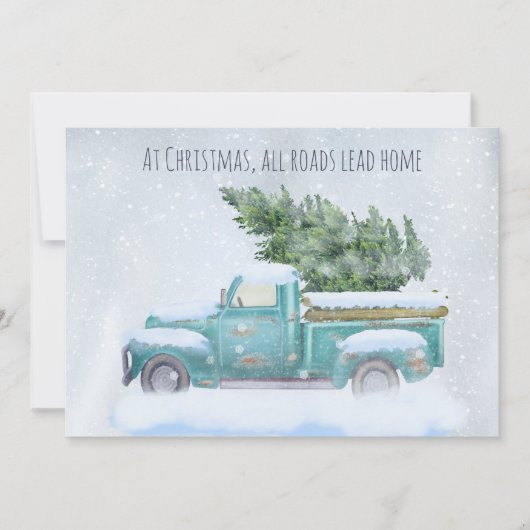 クリスマスツリーを運ぶビンテージの青いトラック シーズンカード (正面)