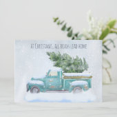 クリスマスツリーを運ぶビンテージの青いトラック シーズンカード (スタンド正面)