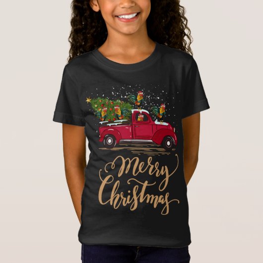 クリスマスツリーを運転する鶏の赤いトラックの鶏X Tシャツ (正面)