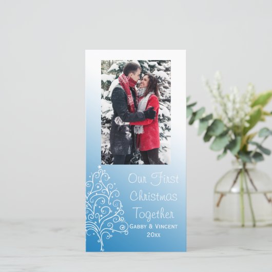 クリスマスツリーを青い初めてのクリスマスで一緒に シーズンカード (スタンド正面)