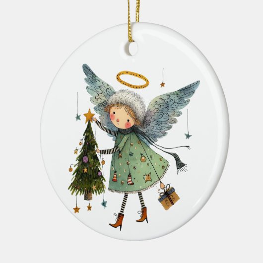 クリスマスツリーを飾ったかわいい天使 セラミックオーナメント (左)