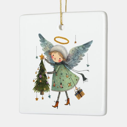 クリスマスツリーを飾ったかわいい天使 セラミックオーナメント (左)
