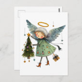クリスマスツリーを飾ったかわいい天使 ポストカード (正面/裏面)