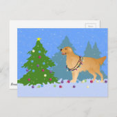 クリスマスツリーを飾っているゴールデン・リトリーバー シーズンポストカード (正面/裏面)