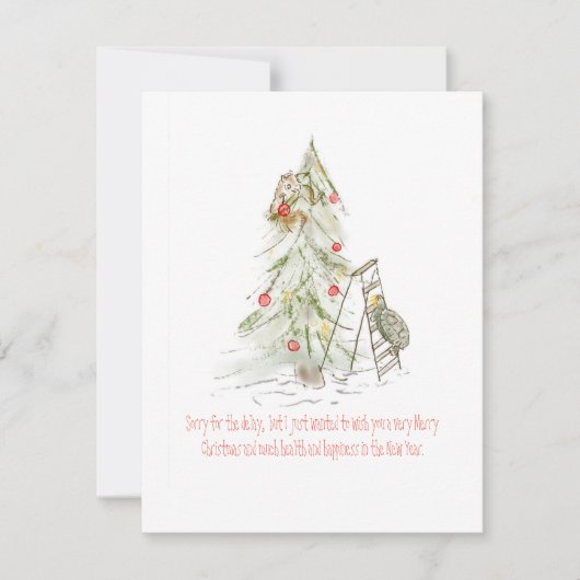 クリスマスツリーを飾るのが遅れたカメとリス シーズンカード (正面)