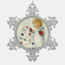クリスマスツリーを飾る甘いブロンドの天使 スノーフレークピューターオーナメント