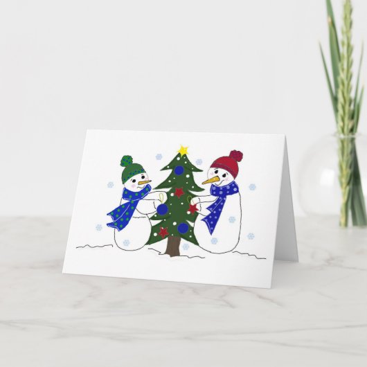 クリスマスツリーを飾る雪だるま シーズンカード (正面)