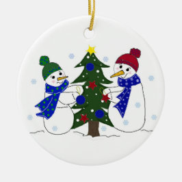 クリスマスツリーを飾る雪だるま セラミックオーナメント