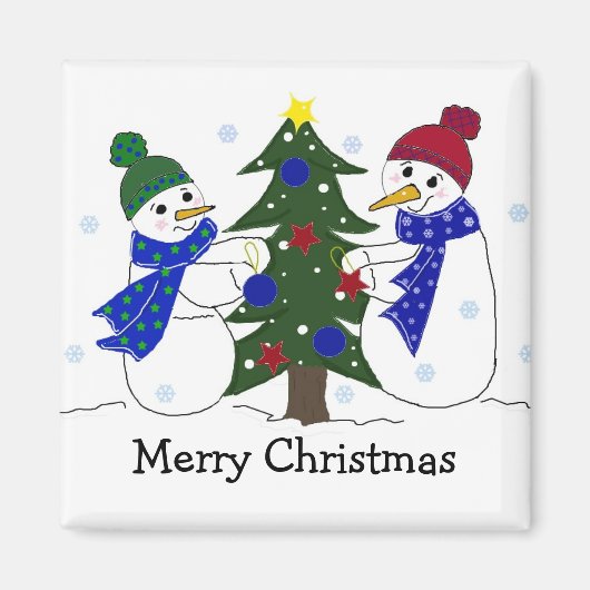 クリスマスツリーを飾る雪だるま マグネット (正面)