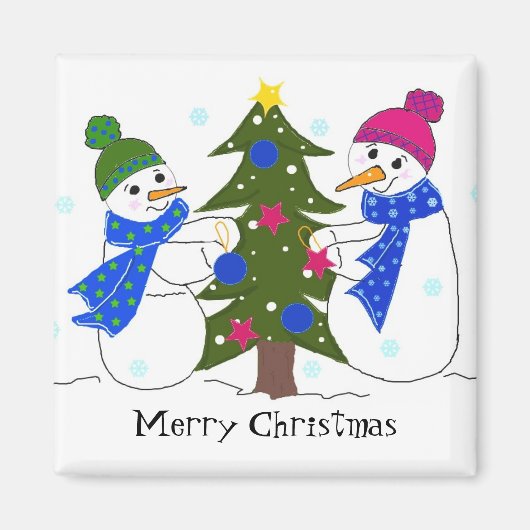 クリスマスツリーを飾る雪だるま マグネット (正面)