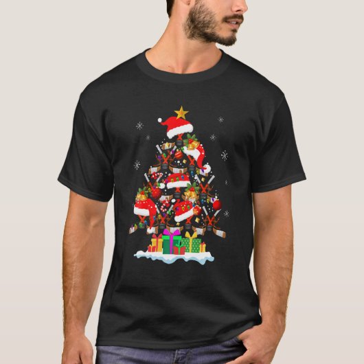 クリスマスツリーアイスホッケーボールサンタハッおもしろいトXma Tシャツ (正面)